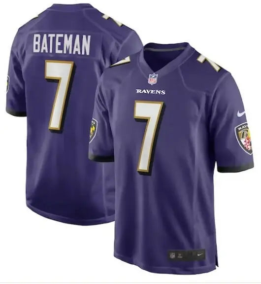 Purple Baltimore Ravens Rashod Bateman Nike Game Player Jersey with number 7 and name Bateman
