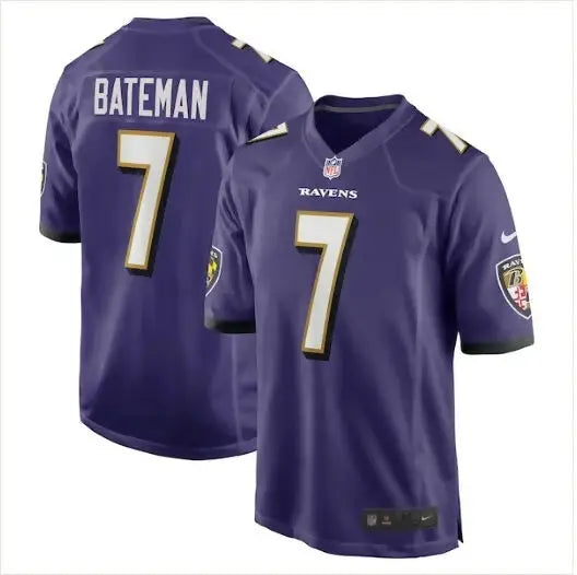 Purple Baltimore Ravens football jersey featuring Rashod Bateman Nike Game Player design