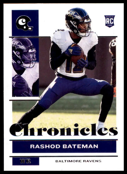 Rashod Bateman football card from Panini Chronicles 2021 Rookie series featuring Baltimore Ravens