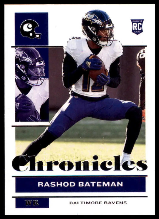 Rashod Bateman football card from Panini Chronicles 2021 Rookie series featuring Baltimore Ravens