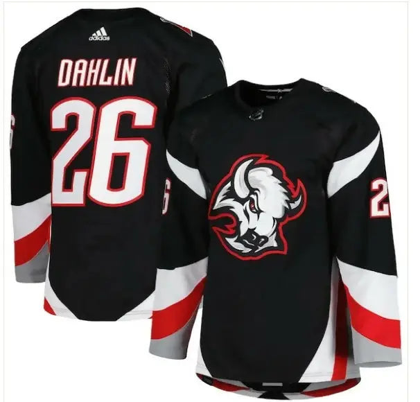 Black Buffalo Sabres hockey jersey featuring Rasmus Dahlin Adidas Alternate Primegreen design