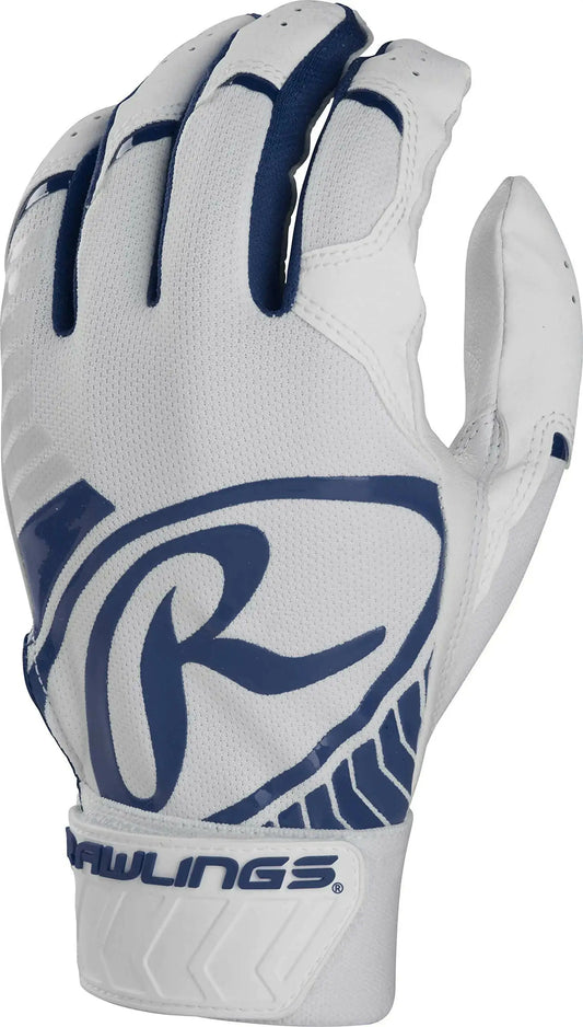 White and navy baseball glove with leather palm from Rawlings 5150 Youth Medium Batting Gloves