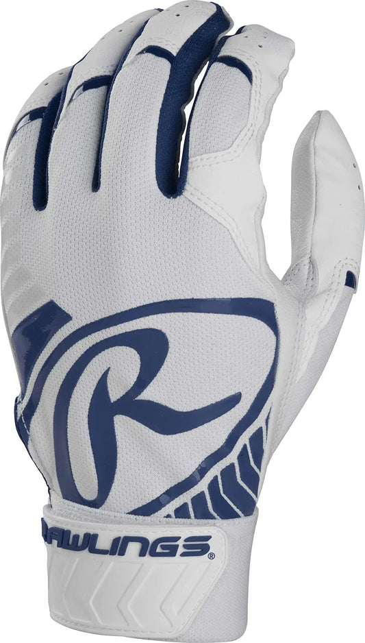 White and blue Rawlings 5150 Youth Medium batting gloves with leather palm