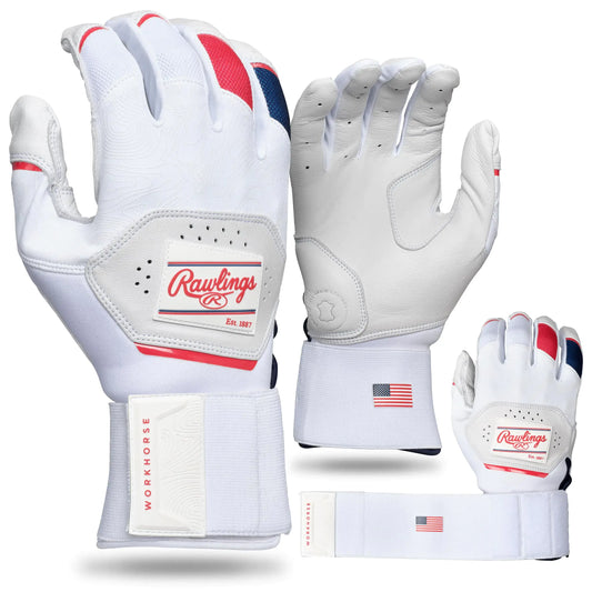 White Rawlings batting gloves with compression strap for adults in the Rawlings Workhorse series