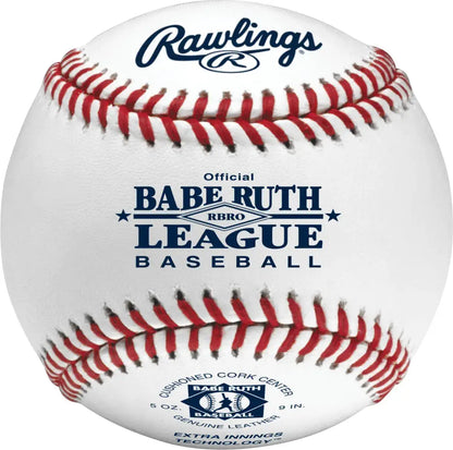 White Babe Ruth League baseball with red stitching for youth 14U tournaments