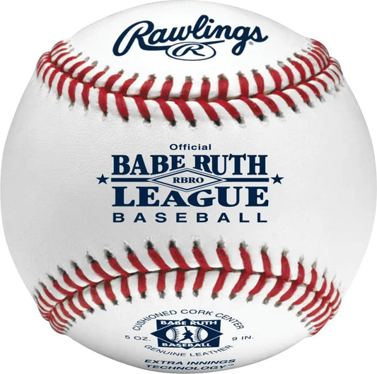 White Babe Ruth League baseball with red stitching for youth 14U tournaments