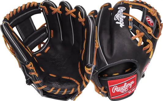 Black leather baseball glove from Rawlings Heart of The Hide Series, ideal for traditional infield players
