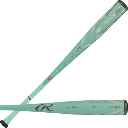 Rawlings MACH baseball bat with light green finish and optimized swing weight 32 inches