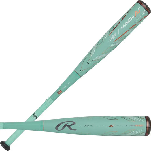Light-green Rawlings Mach AI baseball bats with optimal swing weight for powerful hits