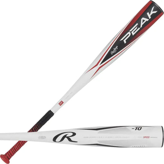 White and red Rawlings PEAK baseball bat, youth baseball bat for USSSA play