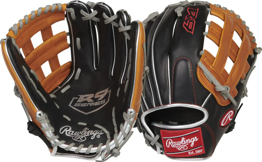 Rawlings R9 Contour 12-inch infield outfield glove with two baseball gloves