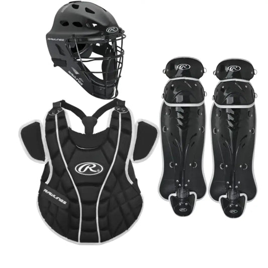 Black softball catchers set featuring Rawlings Storm youth catchers gear for ages 12 & Under