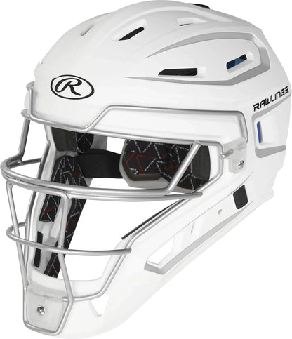 White Rawlings VELO catchers helmet for juniors, durable baseball protection