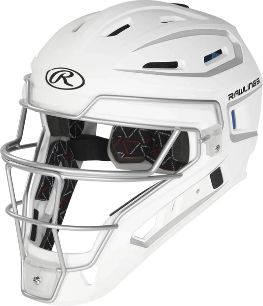 White Rawlings VELO catchers helmet for juniors, durable baseball protection