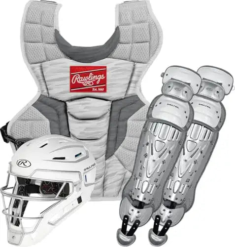 White Rawlings VELO 2.0 catchers set with triple-knee leg guards and chest protector