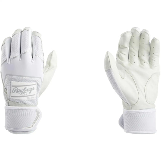 Pair of white Rawlings womens Workhorse batting gloves with compression strap for fastpitch softball