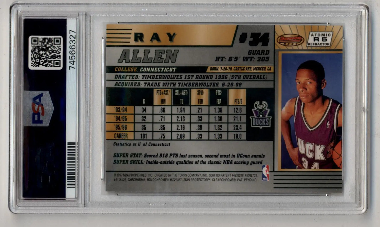 Graded Ray Allen 1996-97 Bowman’s Best Rookie atomic refractor PSA 9 Mint
