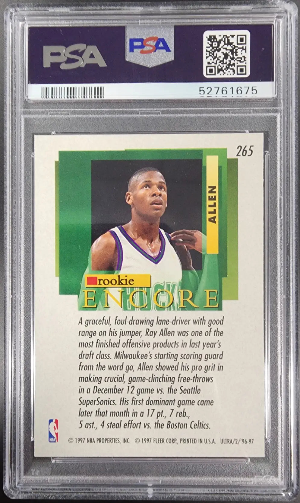 PSA-graded Ray Allen Ultra Rookie trading card from 1996 Ultra series