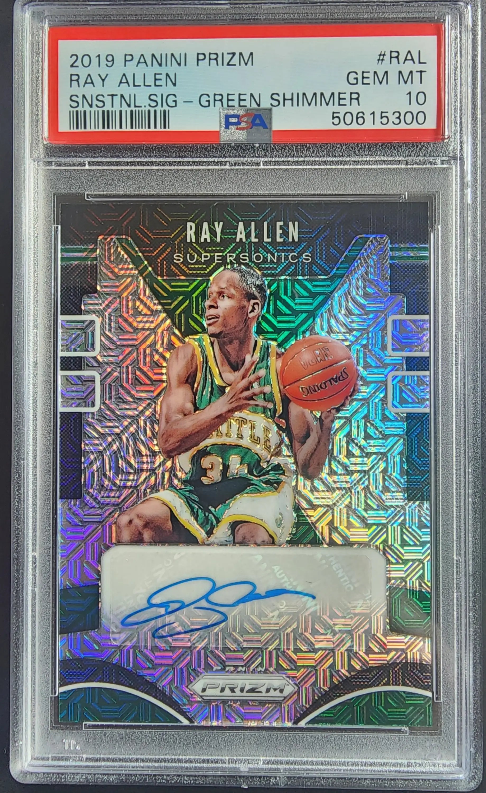 Ray Allen 2019 Panini Prizm green shimmer auto card with blue autograph and GEM MT 10 grade