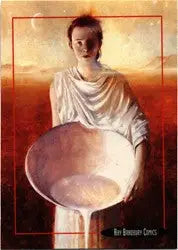 White ceramic bowl held by a figure in a white robe on Ray Bradbury Comics Promo Card