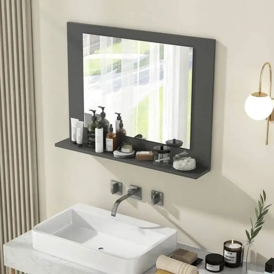 Rectangular 23 x 17 inch Bathroom Mirror with Storage Shelf in Grey Wood Finish - Bathroom Mirrors