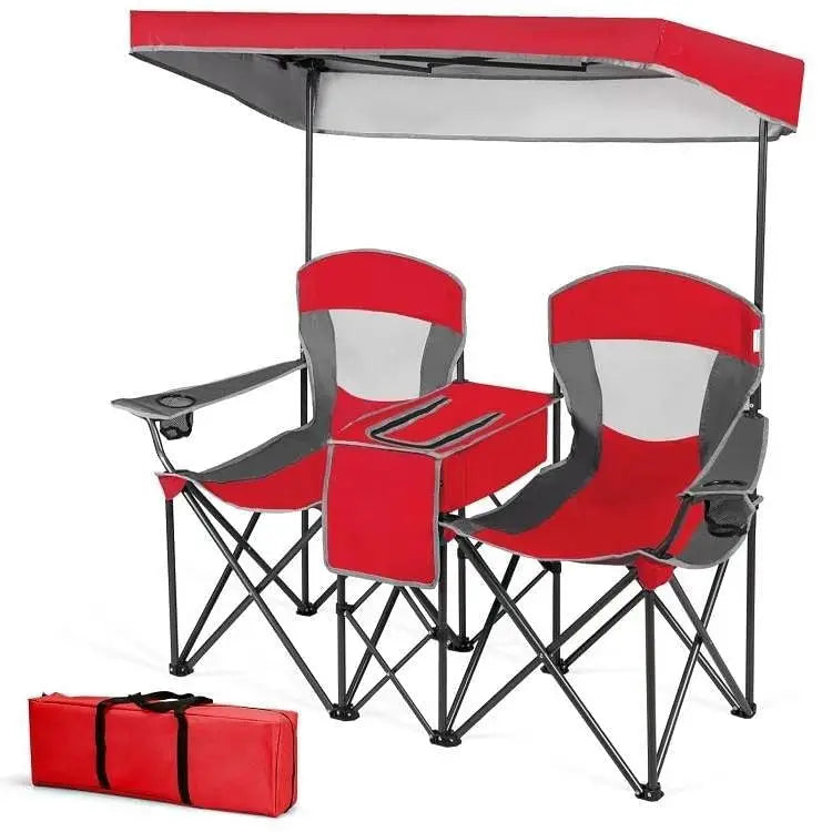 Red 2-Piece Folding Camping Canopy Chairs Set with Cup Holder and Storage Pocket - Patio Chairs