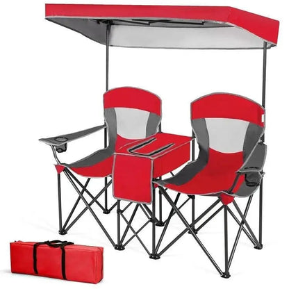 Red 2-Piece Folding Camping Canopy Chairs Set with Cup Holder and Storage Pocket - Patio Chairs
