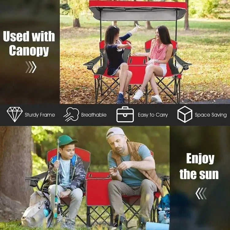 Red 2-Piece Folding Camping Canopy Chairs Set with Cup Holder and Storage Pocket - Patio Chairs