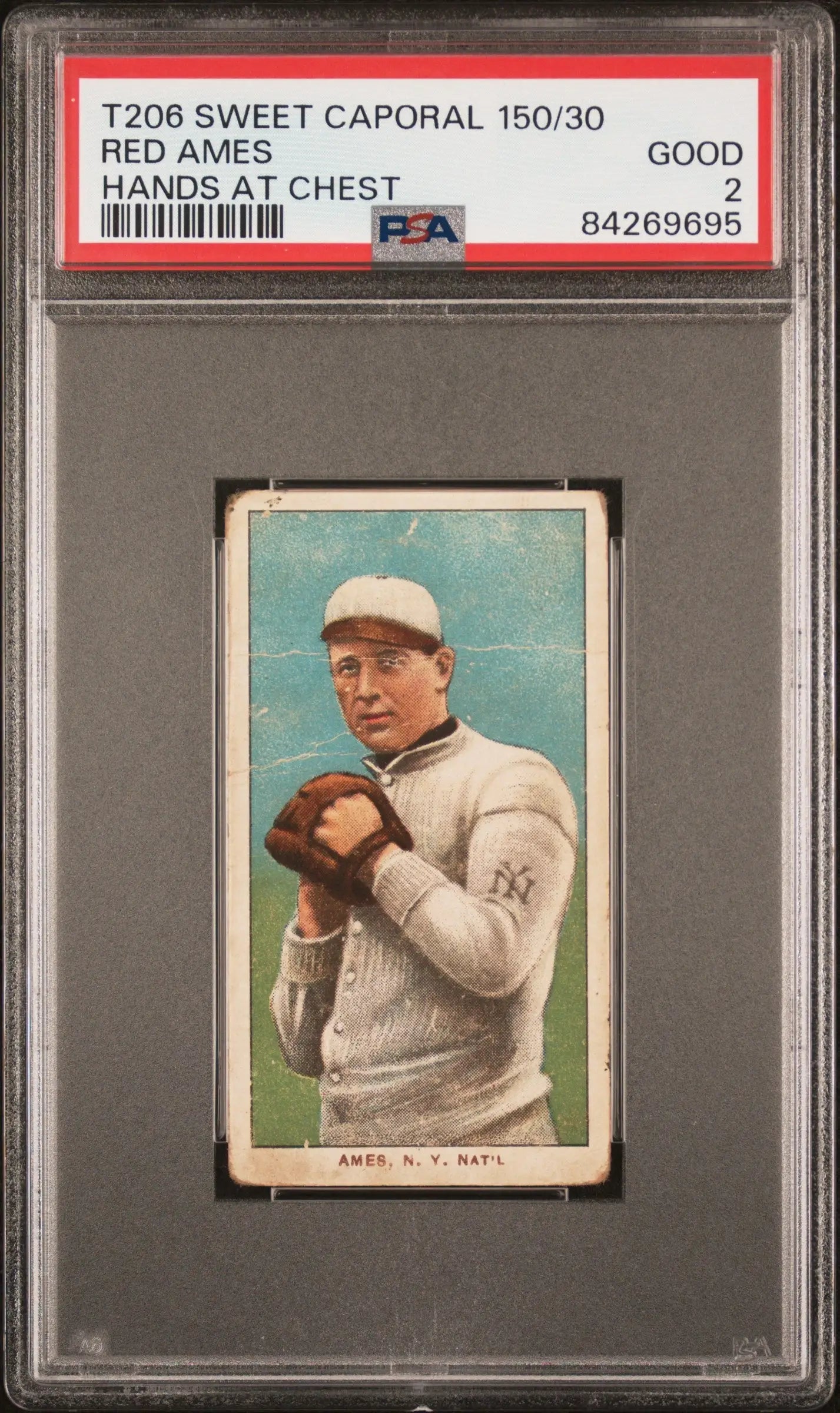 PSA-graded T206 Sweet Caporal card of Red Ames pitching for Boston Red Sox