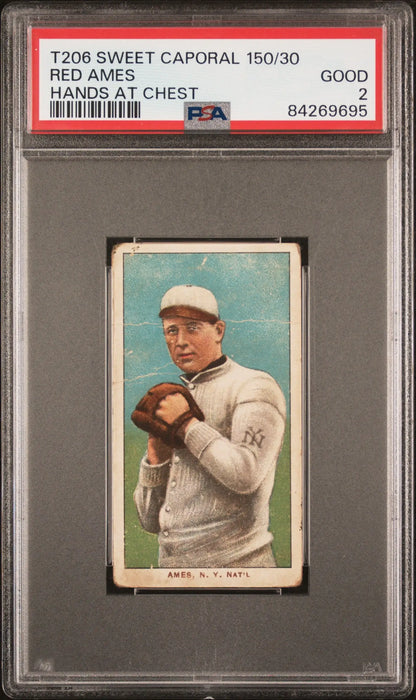 PSA-graded T206 Sweet Caporal card of Red Ames pitching for Boston Red Sox