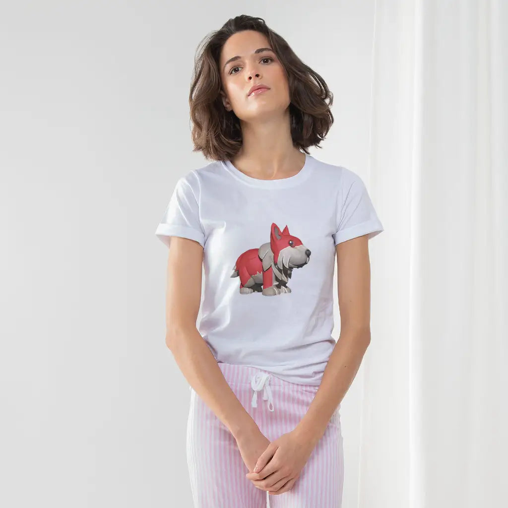 Red Dog Women’s Long Pant Pyjama Set featuring a white crewneck T-shirt with cartoon dog graphic