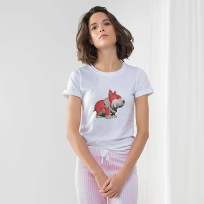 Red Dog Women’s Long Pant Pyjama Set featuring a white crewneck T-shirt with cartoon dog graphic