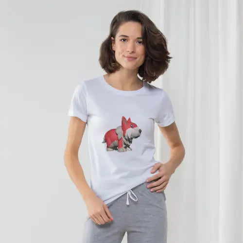 Woman wearing Red Dog Women’s Long Pant Pyjama Set with white t-shirt and grey sweatpants