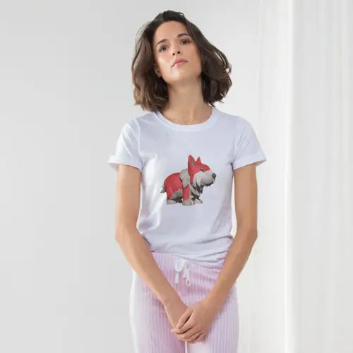 Woman wearing Red Dog Women’s Long Pant Pyjama Set with white t-shirt and pink pants
