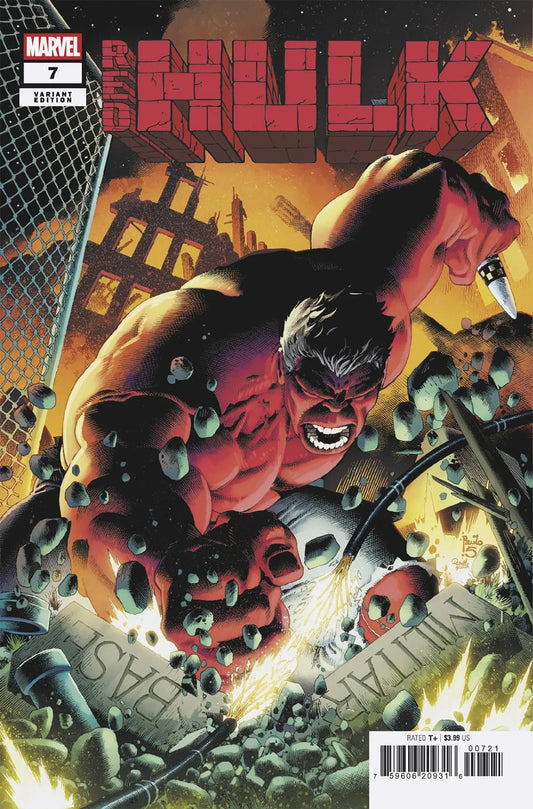 Red Hulk comic book featuring a muscular Red Hulk breaking through a building