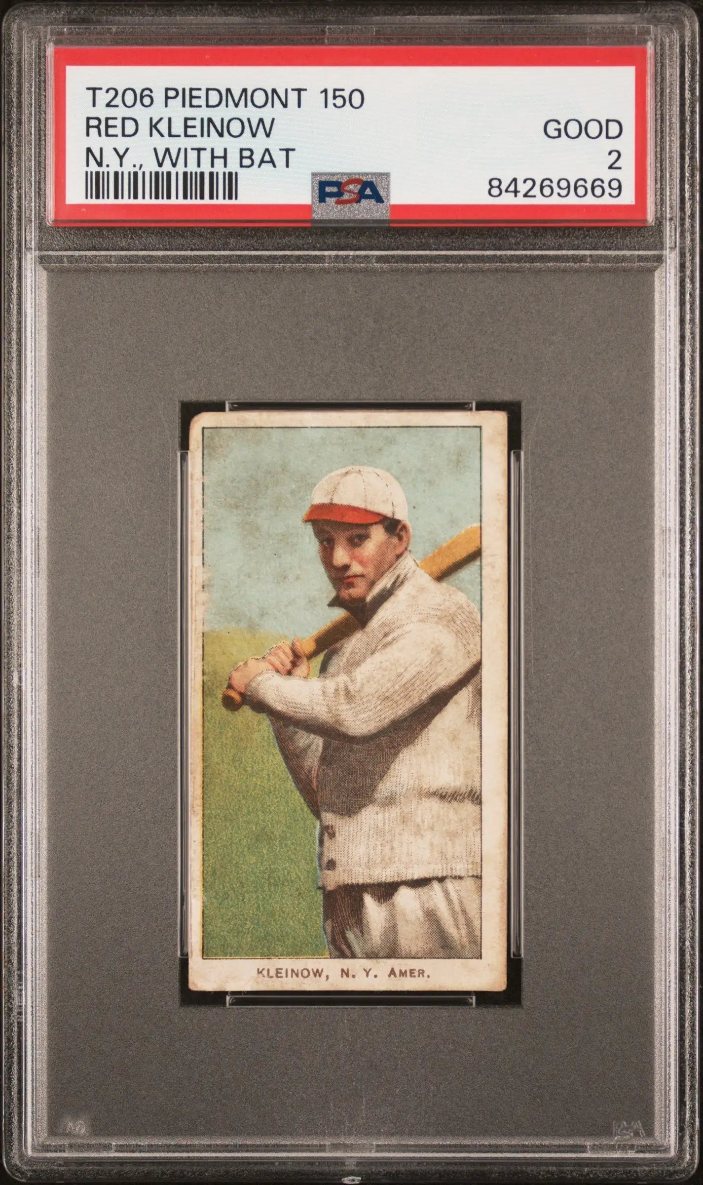 PSA-graded T206 Piedmont 150 Red Kleinow baseball card with bat in batting stance