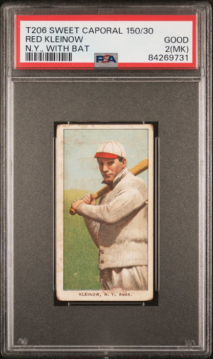 Red Kleinow 1909-11 T206 Sweet Caporal baseball card in batting stance with bat