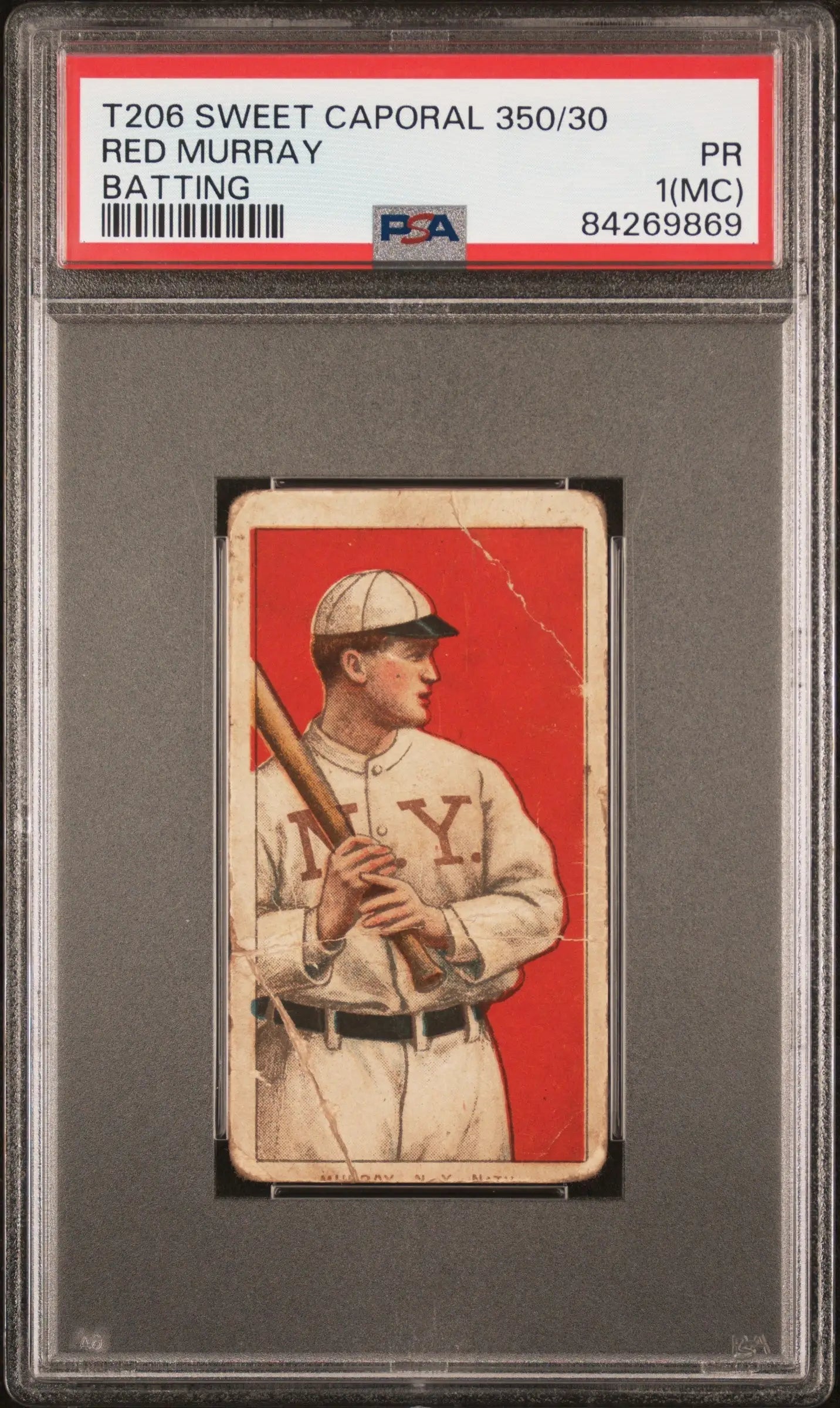 PSA-graded T206 Sweet Caporal Red Murray baseball card in white uniform with Y on chest