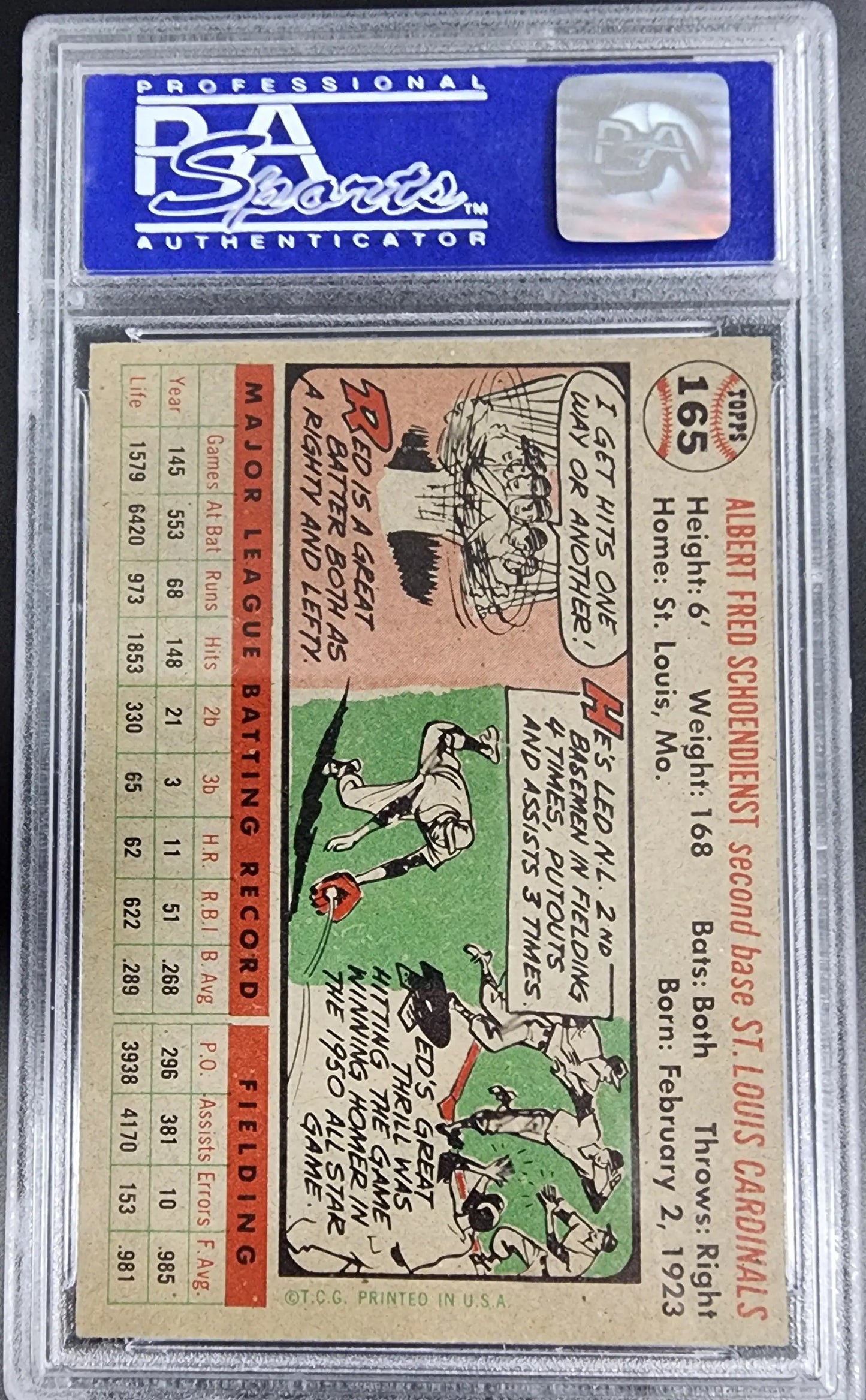 Red Schoendienst 1956 Topps #165 PSA 8OC trading card in a protective case with illustrations