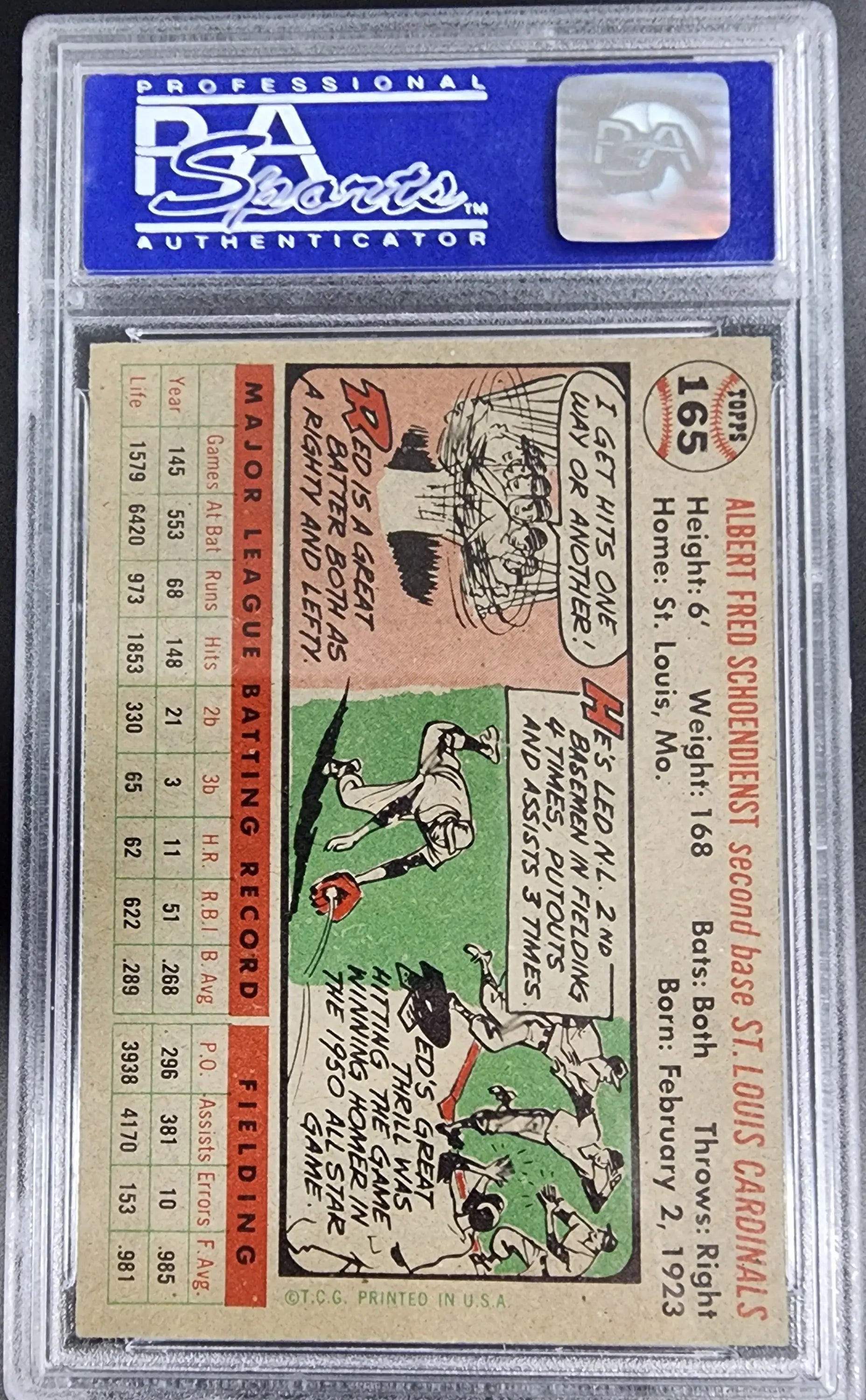 Red Schoendienst 1956 Topps #165 PSA 8OC trading card in a protective case with illustrations