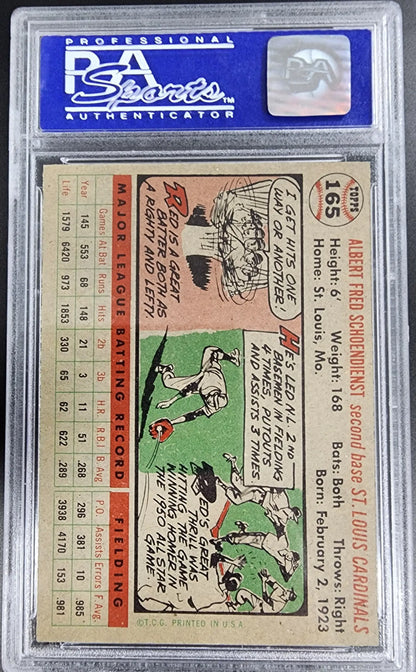 Red Schoendienst 1956 Topps #165 PSA 8OC trading card in a protective case with illustrations