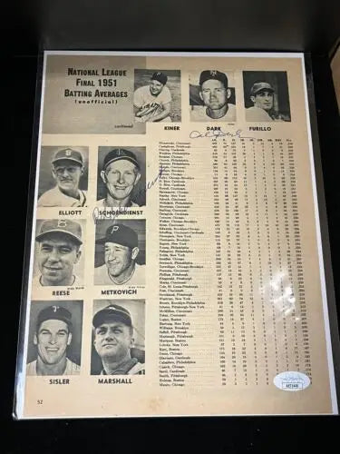 Baseball batting averages sheet from Red Schoendienst Alvin Dark signed original sport magazine