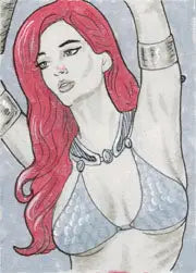 Illustration of a woman with long red hair in a white top on Dan Bergren sketch card
