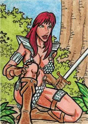 Warrior woman with red hair and sword in Red Sonja 2012 Sketch Card by Lak Lim