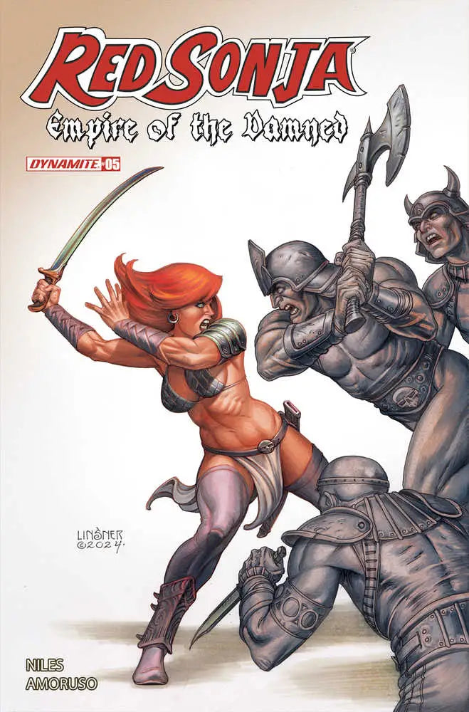 Red Sonja Empire Damned #5 Cover B Linsner featuring a warrior battling armored foes