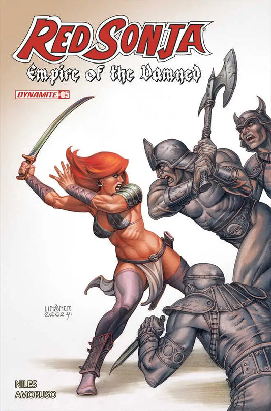 Red Sonja Empire Damned #5 Cover B Linsner featuring a warrior battling armored foes