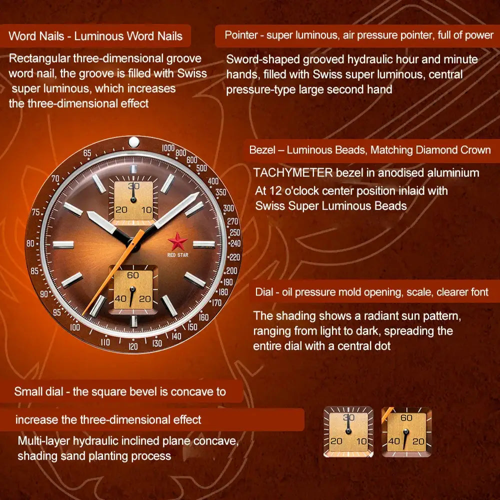 Red Star military stainless steel watch with luminous markers, hands, and tachymeter bezel