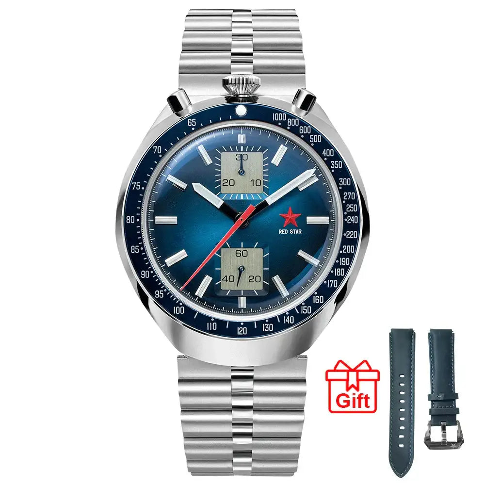 Red Star men’s stainless steel chronograph watch with blue dial, sub-dials, and leather strap