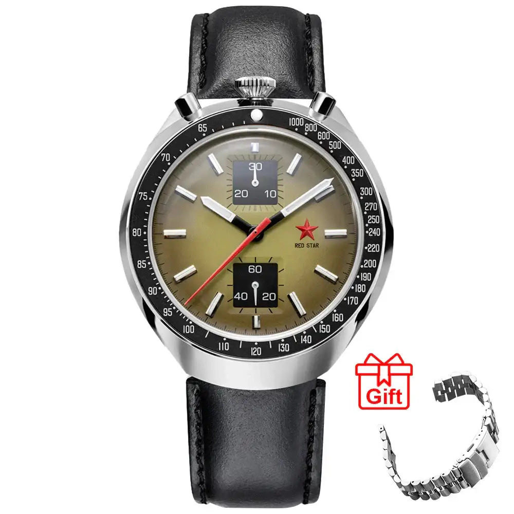 Men’s analog chronograph watch with red star logo, stainless steel case, and black leather strap