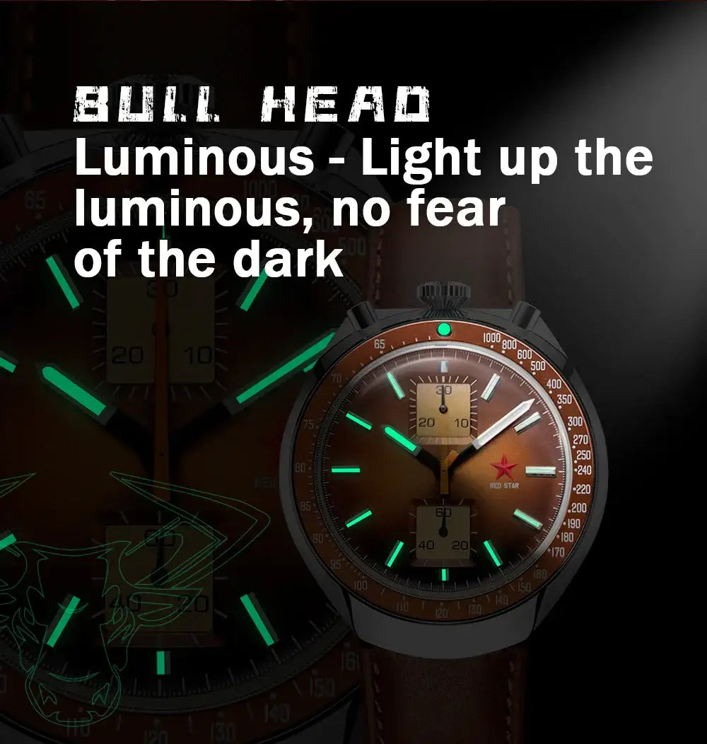 Red Star bull head chronograph watch with luminous hands and stainless steel case